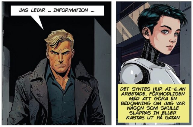 Två rutor ur en tecknad serie, den första föreställer en man och den andra en kvinnlig robot.